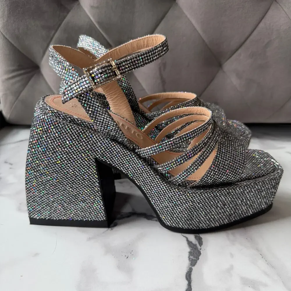 Nodaleto Disco Silver Glitter Platform Heels Size EU 38